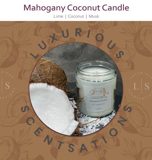 Image of Mahogany Coconut candle by Luxurious Scentsations index card featuring notes of lime, coconut, musk