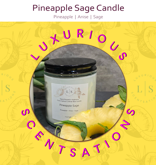 The handcrafted coconut apricot blended wax Pineapple Sage candle by Luxurious Scentsations is a balanced authentic aroma of tropical sweetness, a touch of earthy spice, and the herbal warmth of sage.