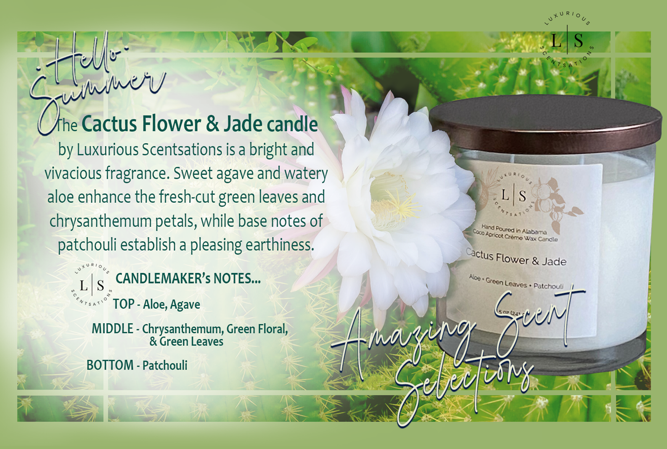 Image of the Cactus Flower and Jade candle by Luxurious Scentsations with a fragrance description and candlemaker's top middle bottom notes